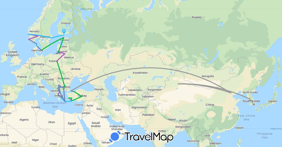 TravelMap itinerary: bus, plane, cycling, train, boat, hitchhiking in Bulgaria, China, Denmark, Estonia, Finland, Greece, South Korea, Lithuania, Macedonia, Norway, Poland, Serbia, Russia, Sweden, Turkey (Asia, Europe)